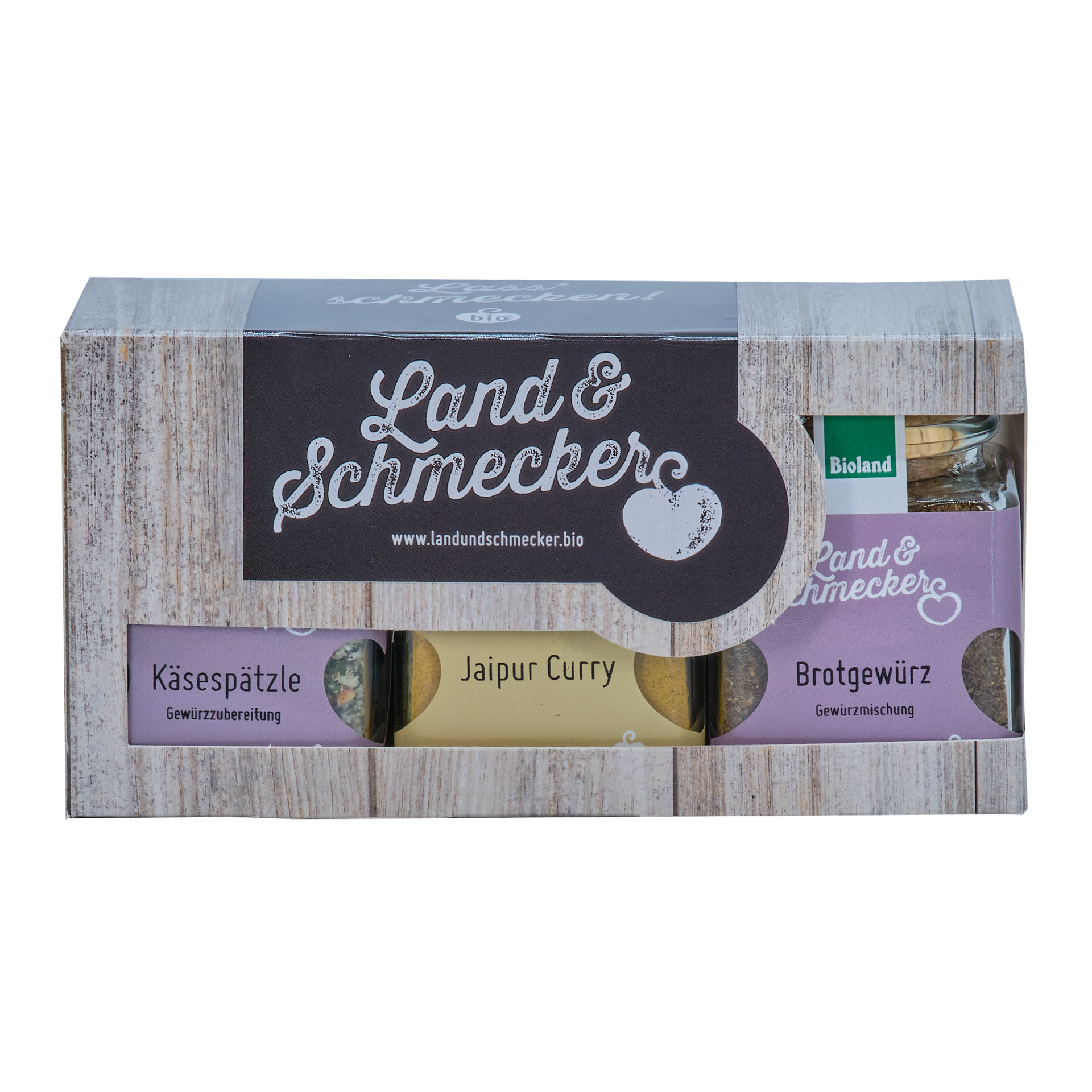 Land & Schmecker Manufaktur 3er Box (Käsespätzle, Jaipur Curry, Brotgewürz).png